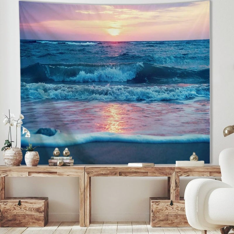 IcosaMro Ocean Tapestry Wall Hanging, Sea Beach Wave Sun Cloud Landscape Scenery Nature Wall Art [Double-Folded Hems] Bohemian Home Decor for Bedroom, Dorm, College, Living Room, 51x60, Blue - Image 2